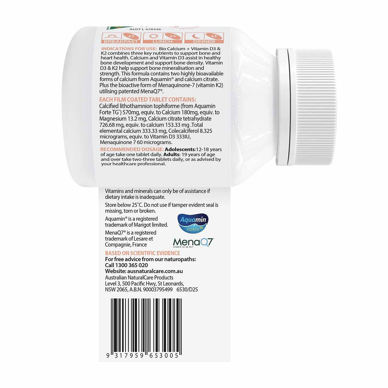 Australian NaturalCare Bio Calcium + Vitamin D3 & K2 60 tabs 