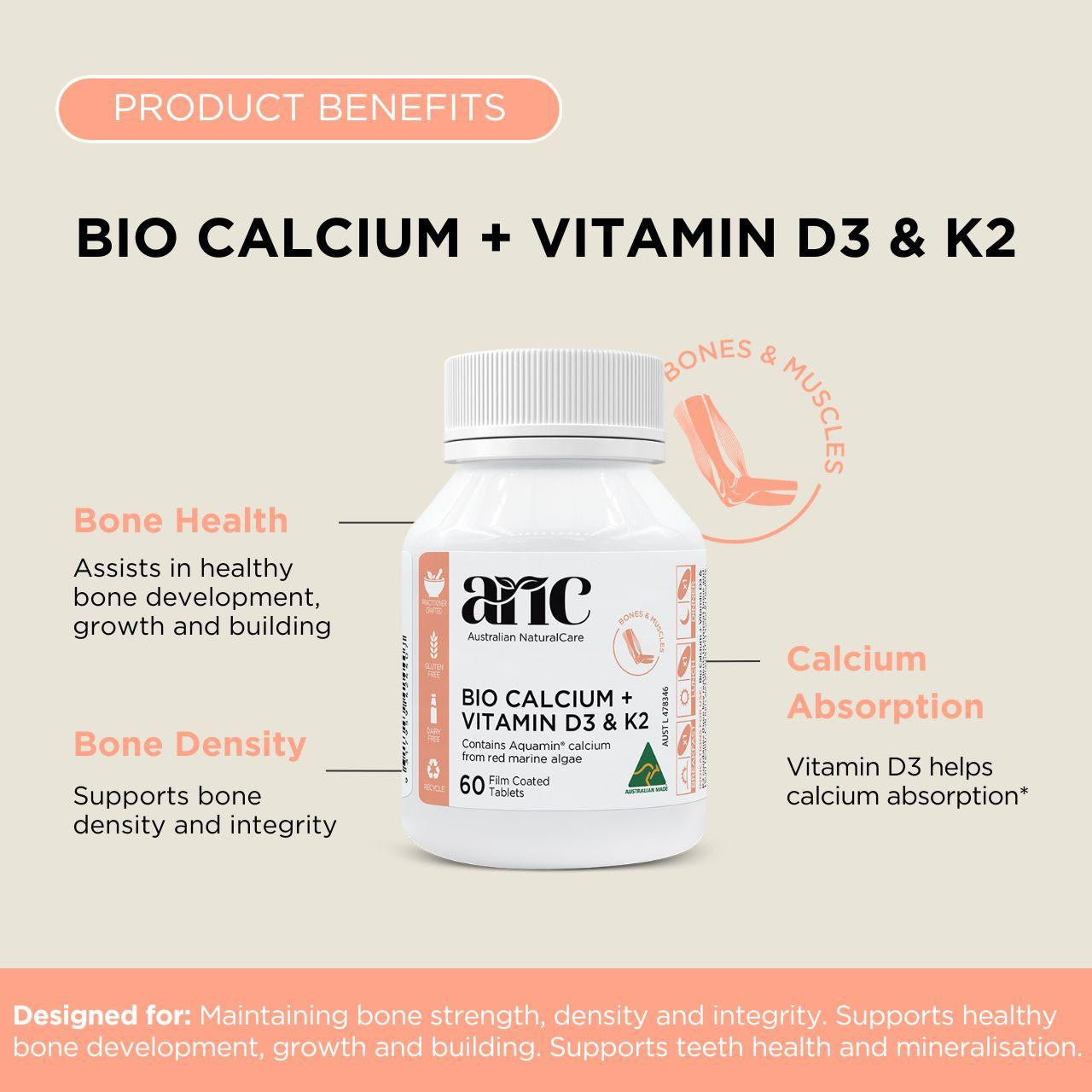 Australian NaturalCare Bio Calcium + Vitamin D3 & K2 60 tabs 
