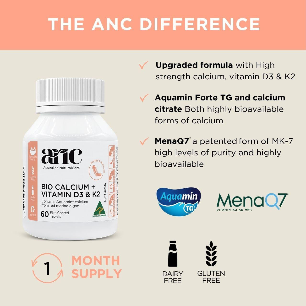 Australian NaturalCare Bio Calcium + Vitamin D3 & K2 60 tabs 