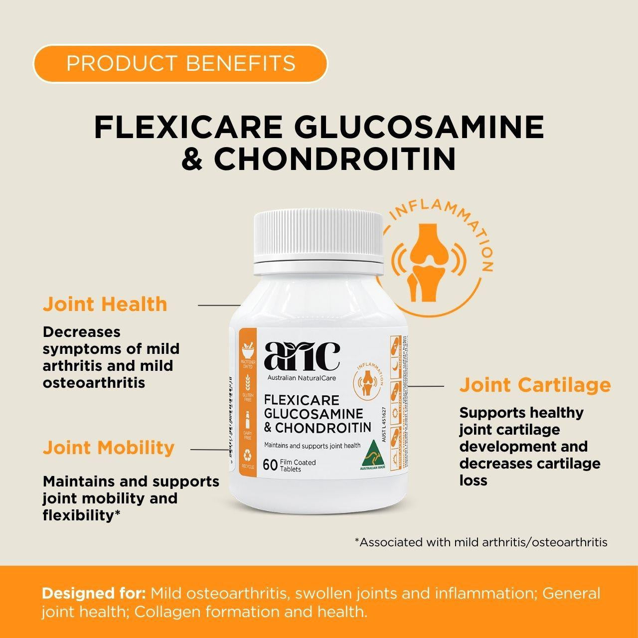 Australian NaturalCare Flexicare Glucosamine and Chondroitin 60 tabs 