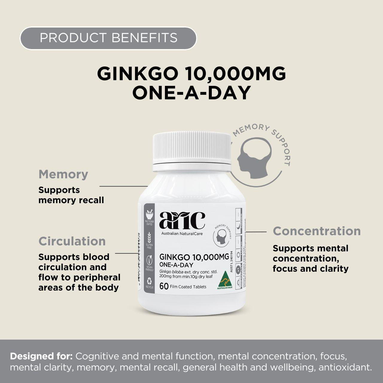Australian NaturalCare Ginkgo 10,000mg One-A-Day 60 tabs 