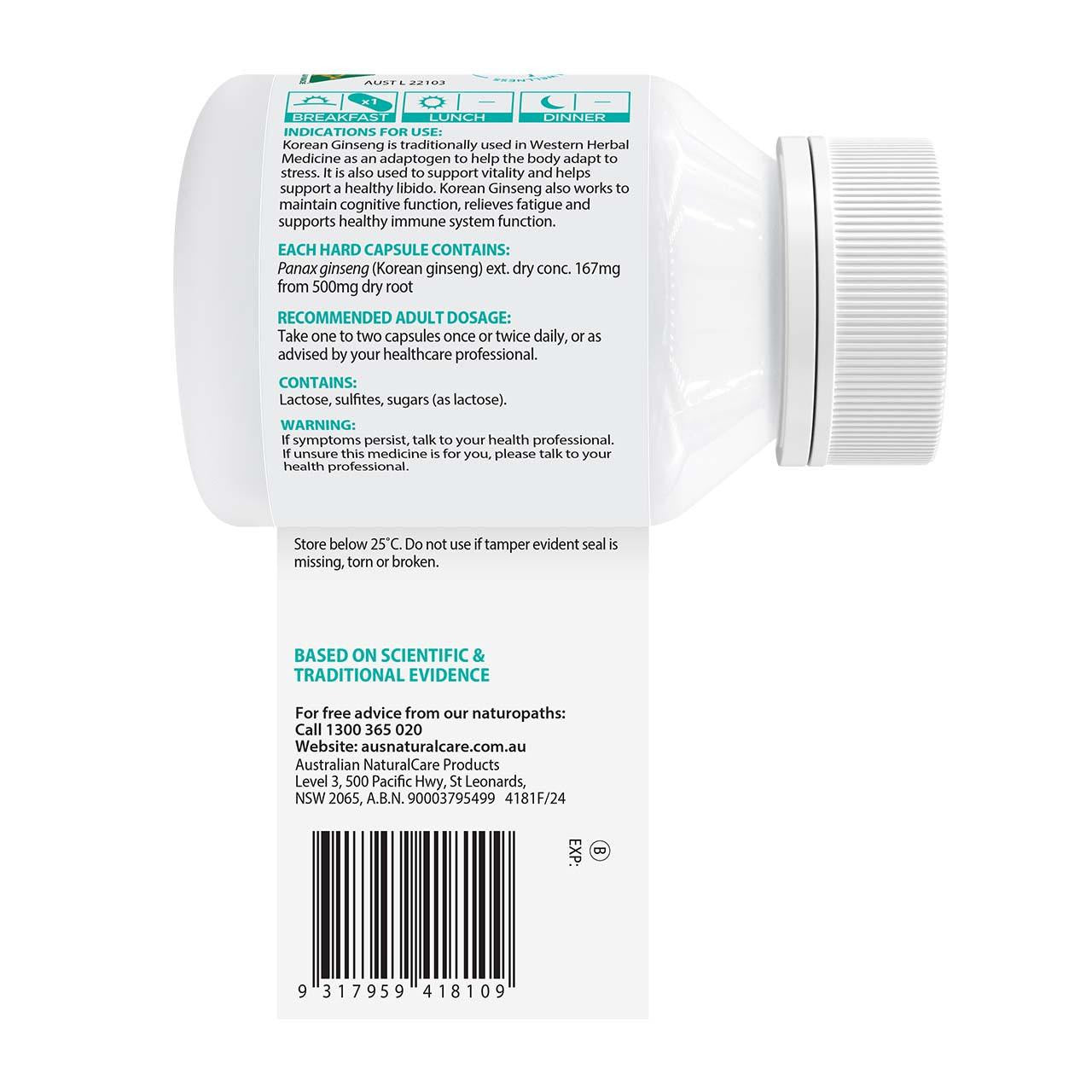 Australian NaturalCare Korean Ginseng 500mg Super Strength 50 caps 