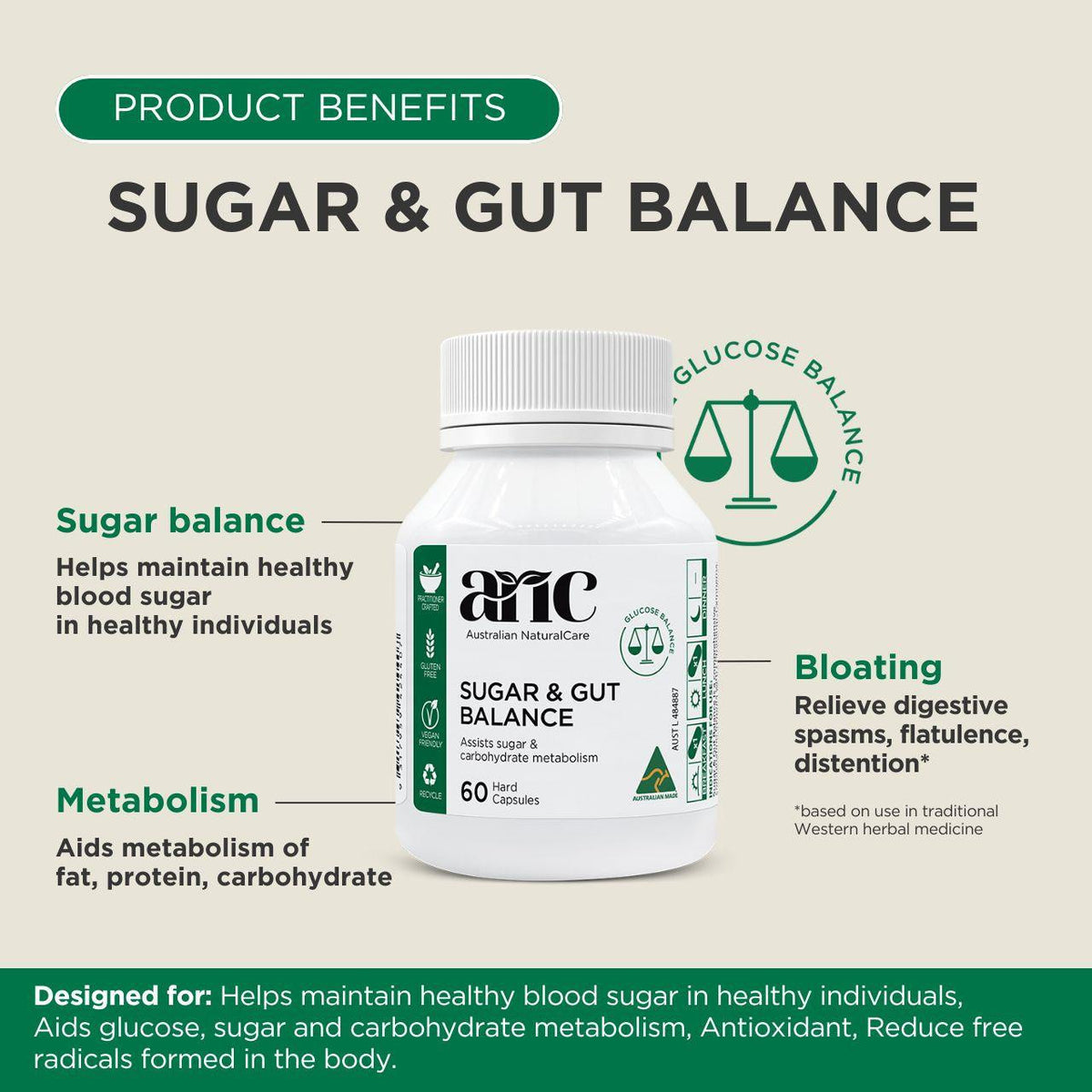 Australian NaturalCare Sugar & Gut Balance 60 caps 