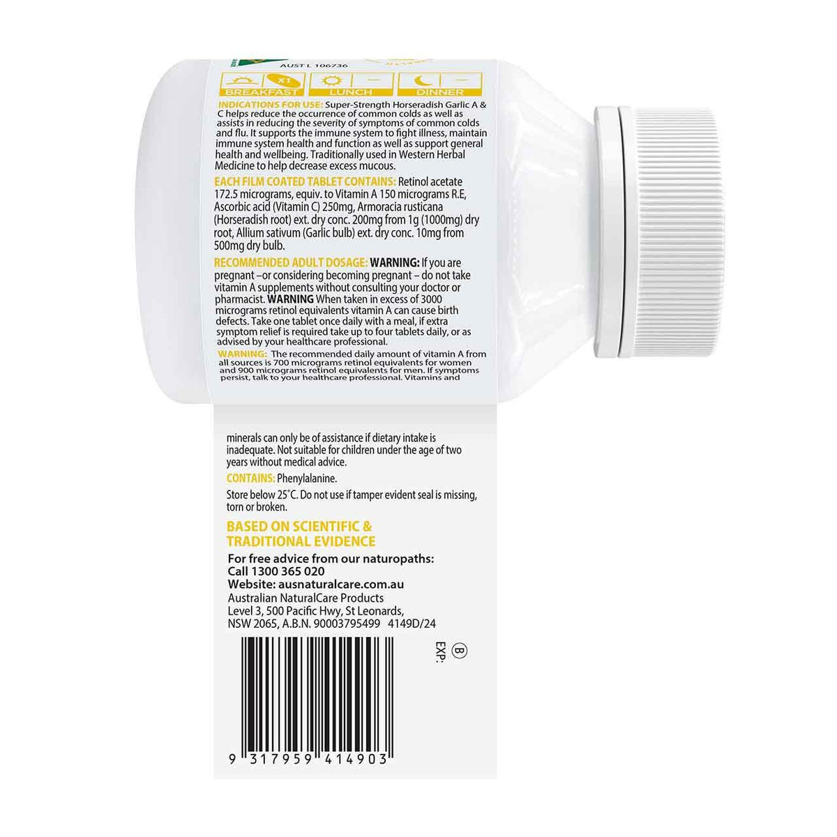 Australian NaturalCare Super-Strength Horseradish Garlic A & C 90 tabs 