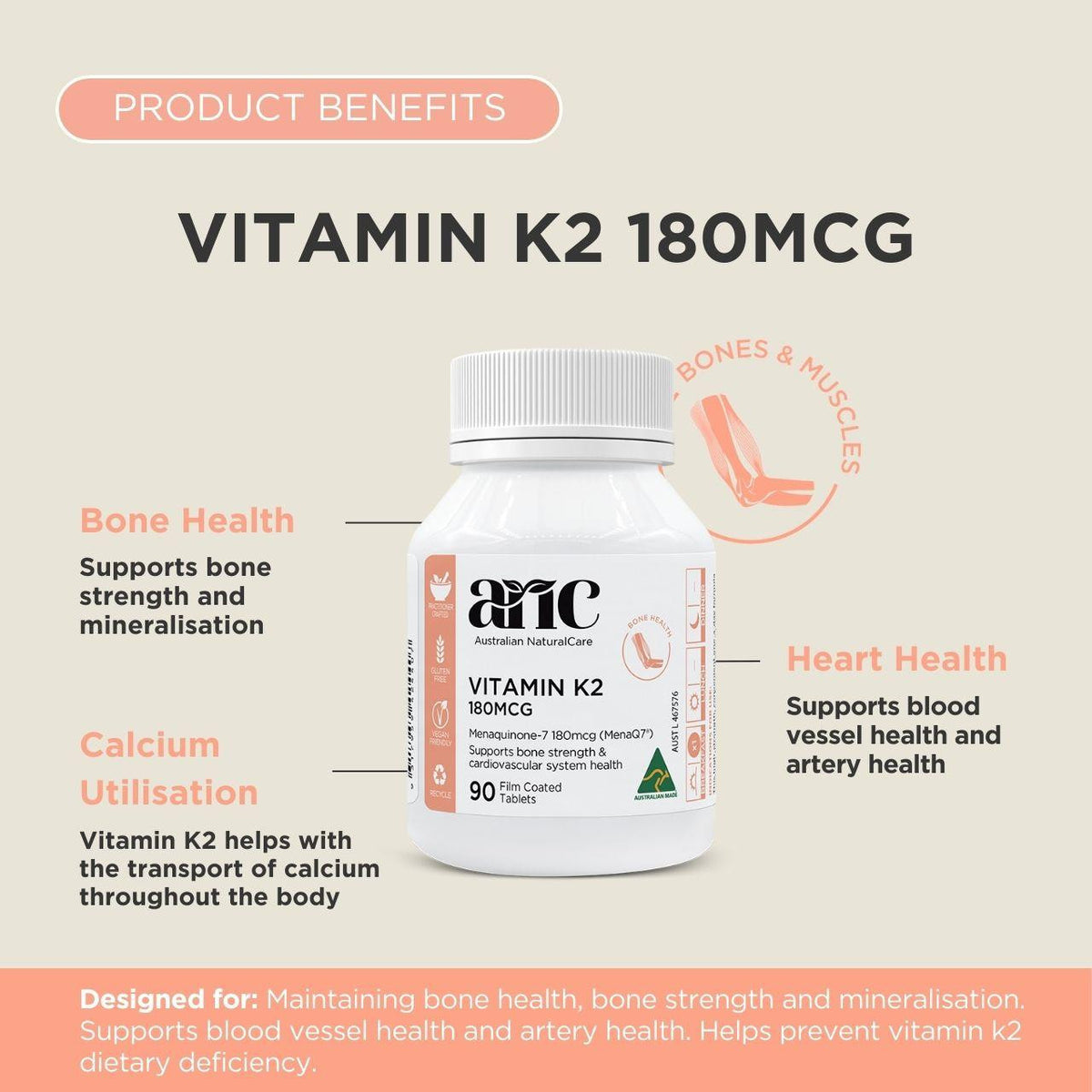 Australian NaturalCare Vitamin K2 180mcg 90 tabs 